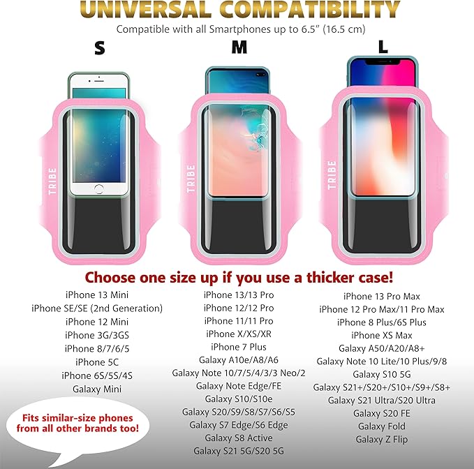 TRIBE Water Resistant Cell Phone Armband Case Running Holder for iPhone Pro Max Plus Mini SE (13/12/11/X/XS/XR/8/7/6/5) Galaxy S Ultra Plus Edge Note (21/20/10/9/8/7/6/5) Adjustable Strap & Key Pocket