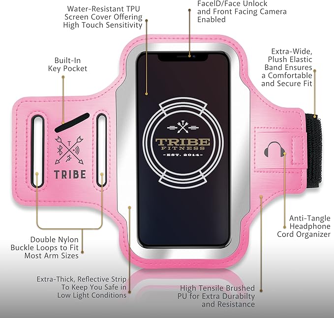 TRIBE Running Phone Holder Armband. iPhone & Galaxy Cell Phone Sports Arm Bands for Women, Men, Runners, Jogging, Walking, Exercise & Gym Workout. Fits All Smartphones. Adjustable Strap, CC/Key Pocket