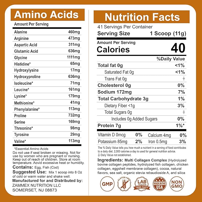 Zammex Multi Collagen Peptides Powder, Type I & III & V & X, Chocolate Collagen Protein Powder, Hydrolyzed Collagen, Supports Hair and Skin, Gut Health, 41 Servings, 1LB