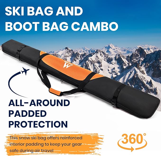 Ski Bag and Ski Boot Bag Combo-Padding Skis Bag for Air Travel,Water Proof Ski Boot Bag Fits for Skis Up to 200 CM and Boots Up To Size US13,Adults Ski Travel Bag