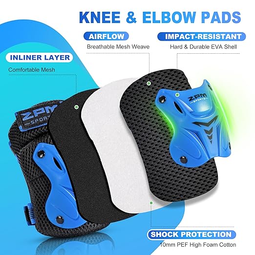 2PM SPORTS Knee Pads for Kids, Wrist Guards Knee and Elbow Pads Set with Drawstring Bag, Protective Gear Set for Girls Boys Roller Skating Cycling Skateboard - Blue Medium