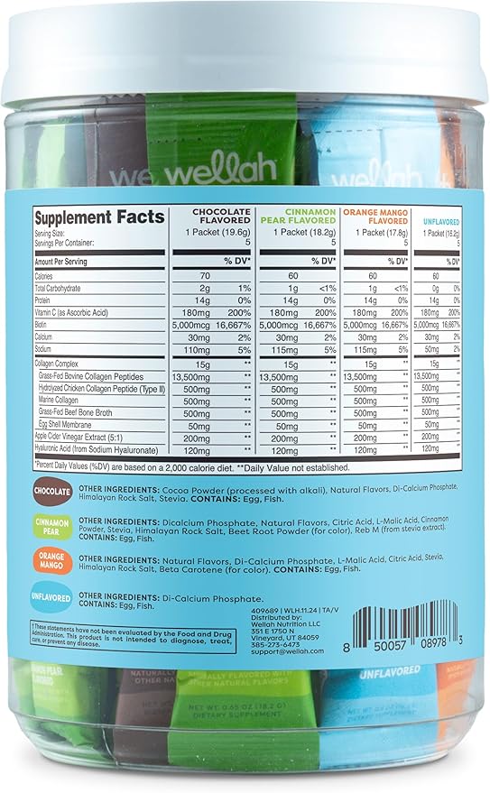 Wellah The Afterglow Multi Collagen Protein + Beauty (Variety Pack) 20 Stickpacks - 15G Collagen Complex Per Serving