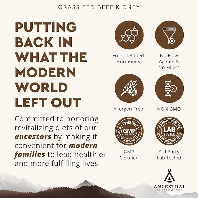 Ancestral Supplements Grass Fed Beef Kidney Supplement, 3000mg, DAO Enzyme Supplement, Kidney Support for Urinary and Histamine Health, Selenium, B12, Non GMO, 180 Capsules