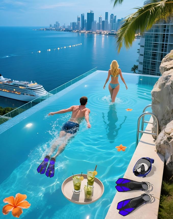 Mask Fins Snorkeling Gear for Adults, Full Face Snorkel Mask & Adjustable Swim Fins Snorkel Set, Panoramic View Snorkel Mask Dry Top Anti-Fog Anti-Leak