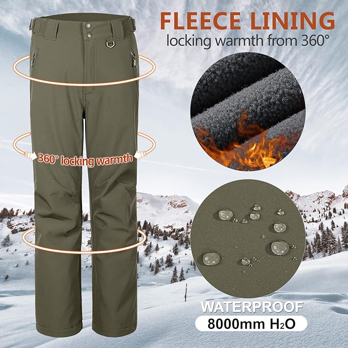 Outdoor Ventures Men's Lite Waterproof Windproof Fleece Lined Warm Hiking Ski Snow Pants Expandable-Waist