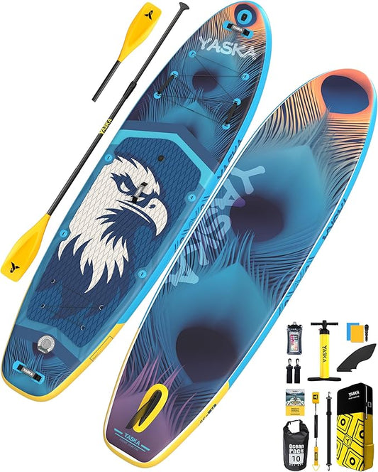 YASKA Inflatable Stand Up Paddle Board - 11ft Extra Wide Paddleboard with Premium SUP Board Accessories,Camera Mount,Non-Slip EVA Deck,5 Handles,Youth/Adult