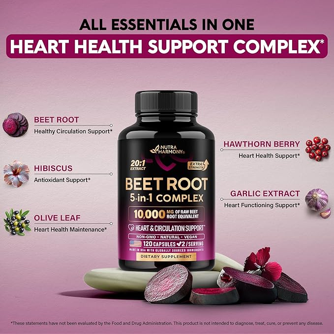 Beet Root Capsules - Healthy Blood Pressure Support Supplement** for Heart & Circulation Support - with Hawthorn Berry, Hibiscus & Garlic - Nitric Oxide for Energy - Made in USA, 120 Capsules