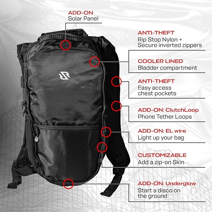 RAVERUNNER® Anti-Theft Hydration Backpack | Festival Approved Rave Backpack for Concert Goers, Leak-Free Festival Water Backpack for EDC, Rave Hydration Pack