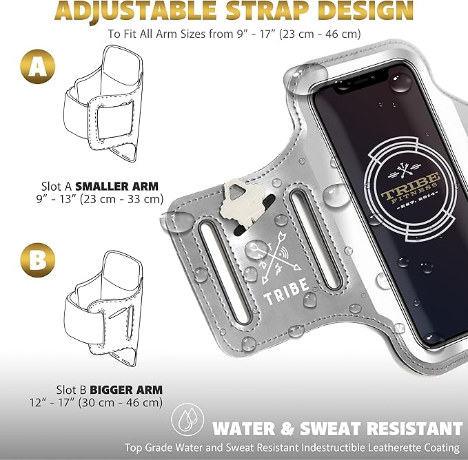 TRIBE Running Phone Holder Armband. iPhone & Galaxy Cell Phone Sports Arm Bands for Women, Men, Runners, Jogging, Walking, Exercise & Gym Workout. Fits All Smartphones. Adjustable Strap, CC/Key Pocket
