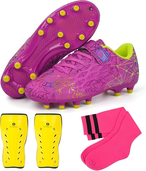 brooman Kids Firm Ground Soccer Cleats Girls Football Cleats with Shin Guards and Soccer Socks