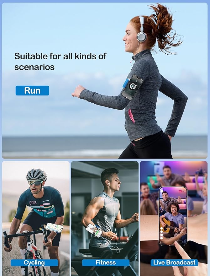 TOPGO Magnetic Running Phone Holder for iPhone, HD Mirror & Extendable Anti-Drop Rope for Gym/Yoga, 360° Rotatable Wrist Phone Holder, Fits iPhone 16 Pro & Android (Blue, 2 Straps)