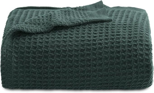 Bedsure 100% Cotton Blanket Twin XL Size for College Dorm - Breathable and Soft, Waffle Weave Twin Blanket for Summer, Dorm Room Essentials, Dark Green, 66x90 inches