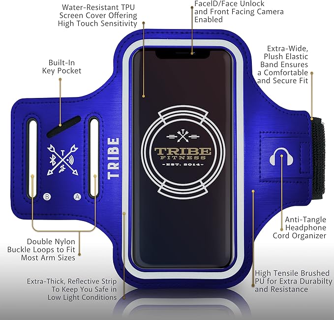 TRIBE Water Resistant Cell Phone Armband Case Running Holder for iPhone Pro Max Plus Mini SE (13/12/11/X/XS/XR/8/7/6/5) Galaxy S Ultra Plus Edge Note (21/20/10/9/8/7/6/5) Adjustable Strap & Key Pocket