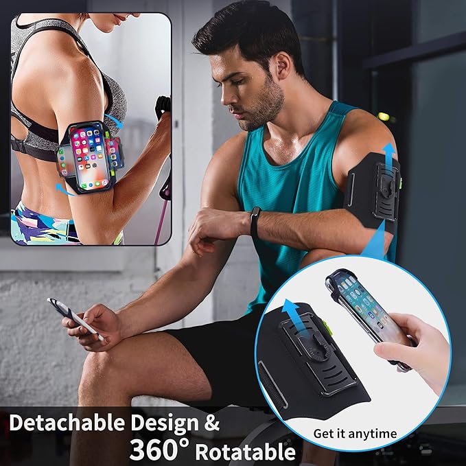Detachable & 360° Rotatable Armband - Reflective Strap with Zipper Pocket Holder Bag - Compatible with iPhone 16 15 14 Pro Max Plus Samsung Galaxy Note for Running Workout Exercise Walking & Sports