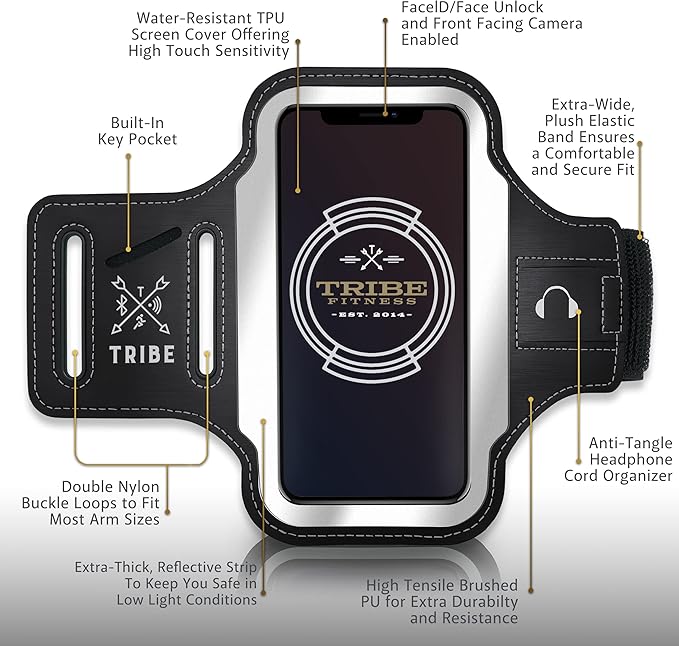 TRIBE Running Phone Holder Armband. iPhone & Galaxy Cell Phone Sports Arm Bands for Women, Men, Runners, Jogging, Walking, Exercise & Gym Workout. Fits All Smartphones. Adjustable Strap, CC/Key Pocket