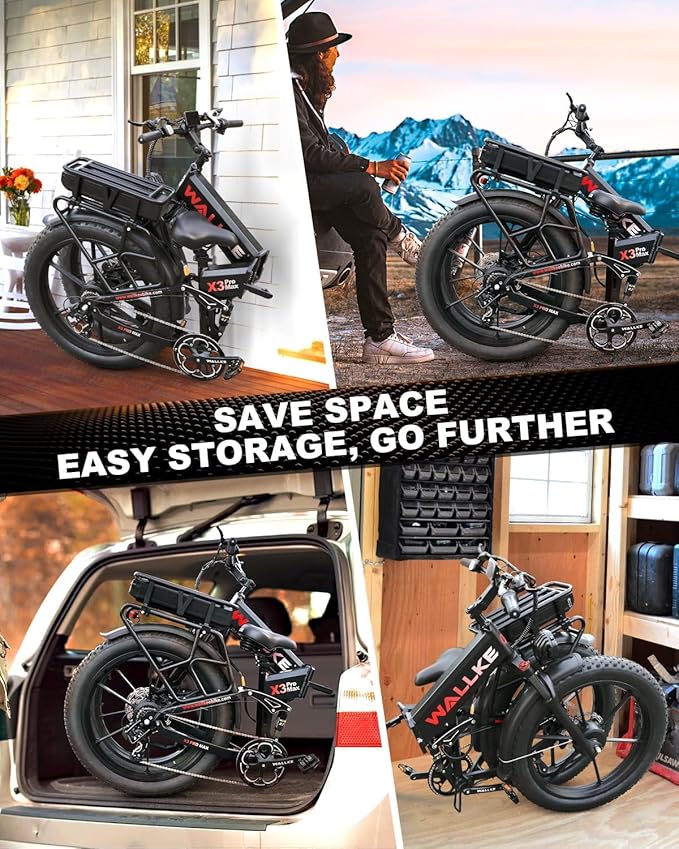 W Wallke 2025 X3 ProMax MAX Folding Dual Motor Electric Bike, 48V 44Ah/22Ah Long Range Adults Ebike, 26" Fat Tire All Terrian Full Suspension 31-34 MPH Fast E-Bike, 7-Speed Mountain e Bicycle, UL2849