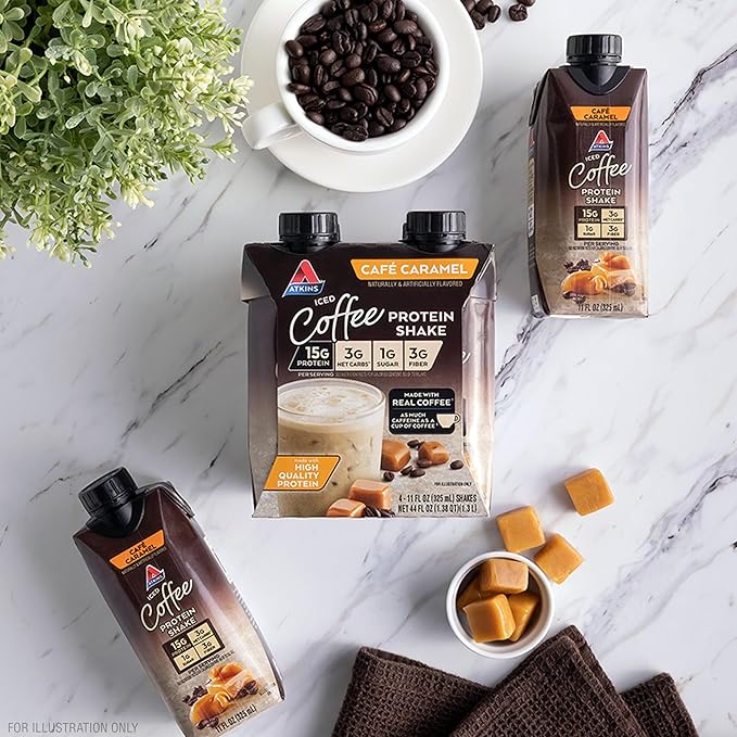 Atkins Café Caramel Iced Coffee Flavored Protein Shake, High Protein Shake, Low Glycemic, Low Carb and Low Sugar, Keto Friendly, Gluten Free, 12 Count