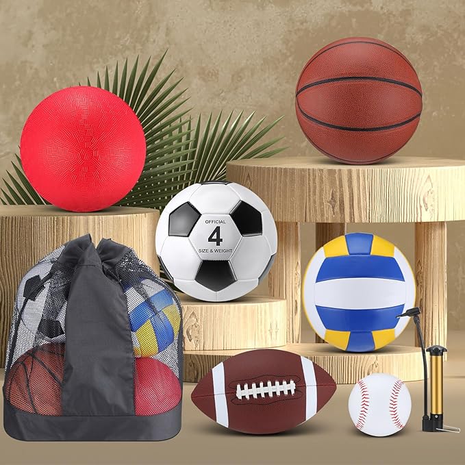 Deekin 12 Pcs Assorted Sport Ball Set Official Size Basketball, Football, Volleyball, Soccer, Baseball, Playground Ball with Bag and Pump Gift for Kid Youth Adult Back to School
