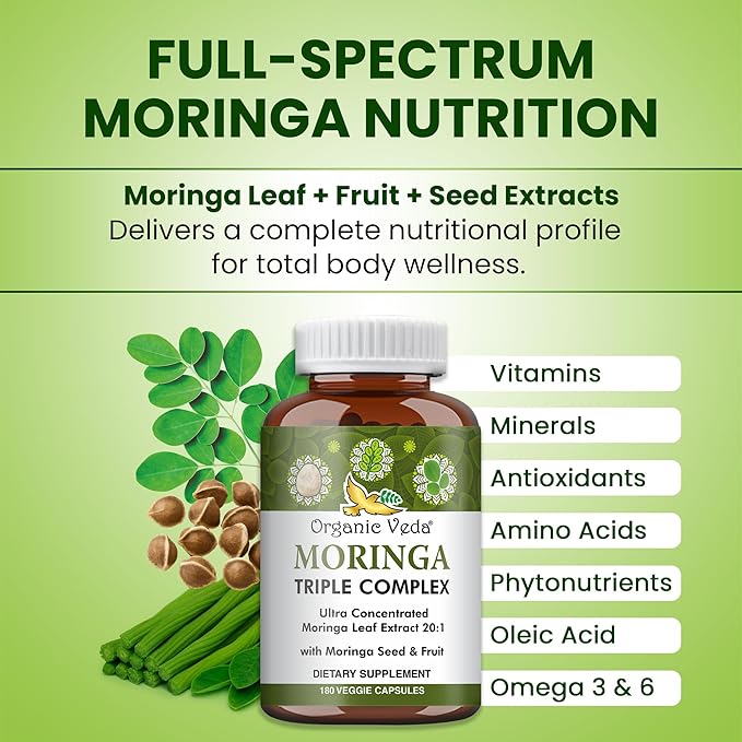 Organic Veda Moringa Capsules Triple Complex - 20 X Concentrated Organic Moringa Leaf Extract with Seed & Fruit Powder Vitamin, Antioxidant - Joints & Energy Support - 180 Vegan Capsule