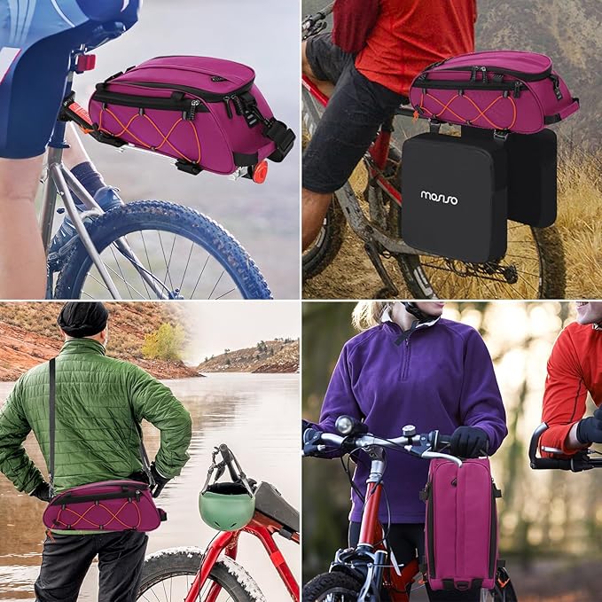 MOSISO Bike Rack Bag with 2 Removable Panniers, Waterproof Bike Trunk Cooler Storage Handbag Insulated Bicycle Rear Seat Pouch, Bicycle Storage Saddle Shoulder Bag Cycling Luggage Pouch, Rose Red
