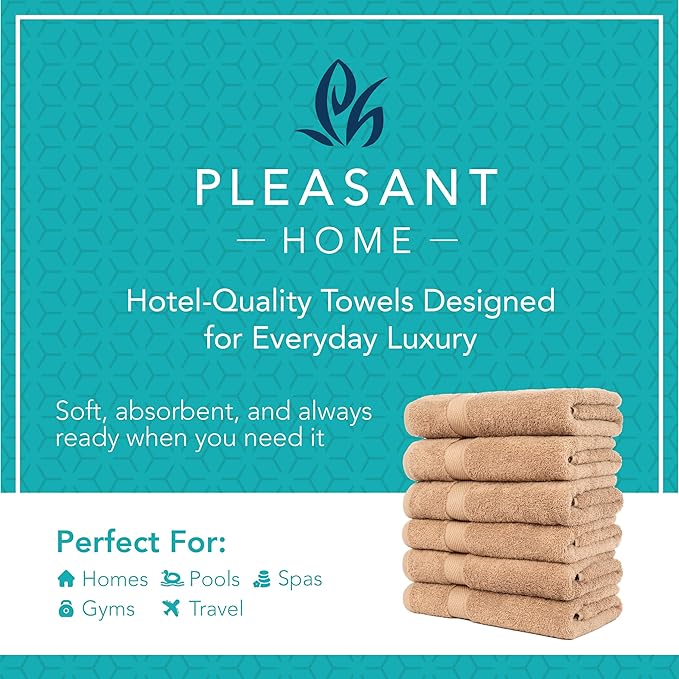 Pleasant Home Bath Towels Set of 6 (24” x 50”) 100% Cotton, 515 GSM | Lightweight, Soft & Absorbent Luxury Towels for Bathroom | for Gym, Pool & Spa | 6 Pack, Mocha