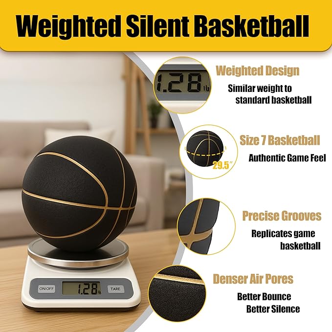 Real Basketball Weight, True Bounce 7 Size Silent Basketball with Grooves, Non-Compressed Shipping, Professional PU Foam Ball, Ideal for Indoor Practice and Training