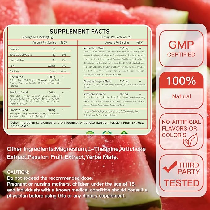 Newpie Superfoods Happy Cleaner Probiotic Powder,Watermelon Flavor Prebiotic & Probiotic Powder,Organic Fiber,Sugar Free,Gut Health,Natural Antioxidant for Women Men (20 Packet, Watermelon)