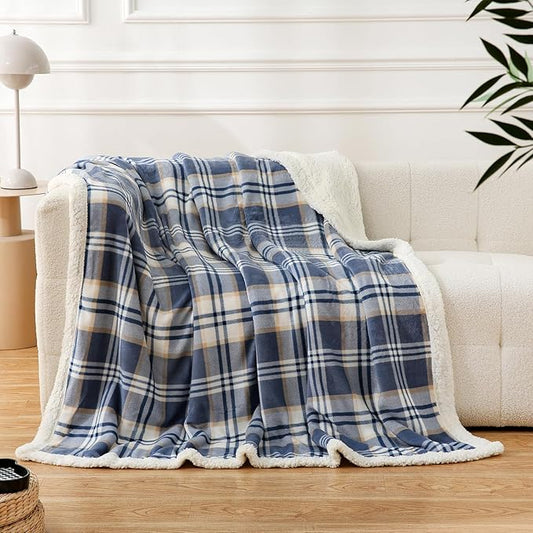PU MEI Sherpa Blanket Twin Plaid Thick Bed Blanket, 60”*80” Super Soft Flannel Fuzzy Fleece Reversible Velvet Plush Warm Blanket for Couch (Blue White Check)