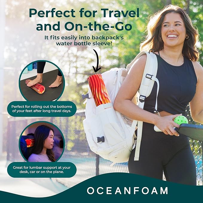 Oceanfoam Ripple Travel Foam Roller (11" x 3.35") Firm Mini Foam Roller for Physical Therapy, Deep Tissue Massage, Back Pain - High Density, Wave Textured, Yoga, Exercise (Red, Gold & Natural Marbled)