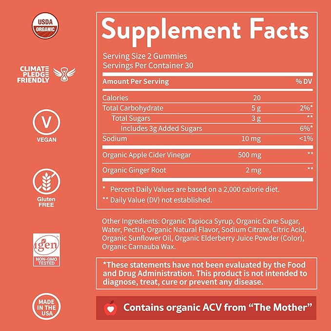 WellPath Organic Apple Cider Vinegar Gummies with The Mother - USDA Organic ACV Gummies - Ginger & Apple Cider Vinegar with Mother for Gut Health - Vegan, Non-GMO, 60 Ct