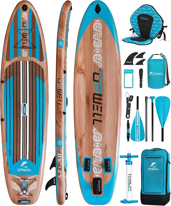 UPWELL 11’6”/11'2”/11'/10'8”/10'6”/10'2” Inflatable Stand Up Paddle Board with sup Accessories Including Backpack, Repairing Kits, Non-Slip Deck, Leash, 3 Fins, Paddle and Hand Pump