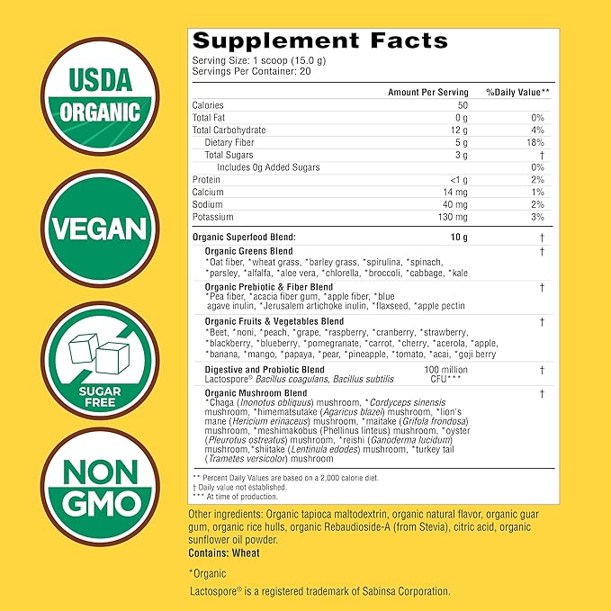 Country Farms Super Greens Apple Banana Powder Smoothie, Organic Super Foods, USDA Organic Drink Mix, Fruits, Vegetables, Mushrooms, Superfood Nutrition, 40 Servings, 2 Pack