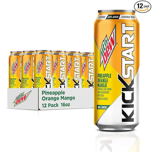 Mountain Dew Kickstart, Pineapple Orange Mango, 90mg Caffeine, Vitamins B & C, 80 Calories, 10% Juice, 16 fl oz (Pack of 12)