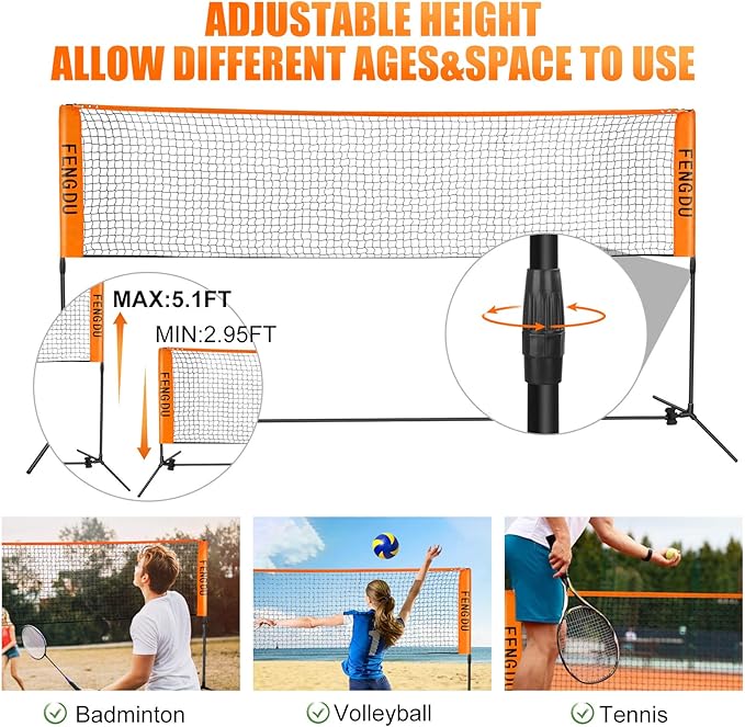 Portable Badminton Net Set, Adjustable Height Tennis Net, Kids Volleyball,Soccer Net Easy Setup Nylon Sports Net with Poles for Backyard, Indoor, Outdoor, Beach