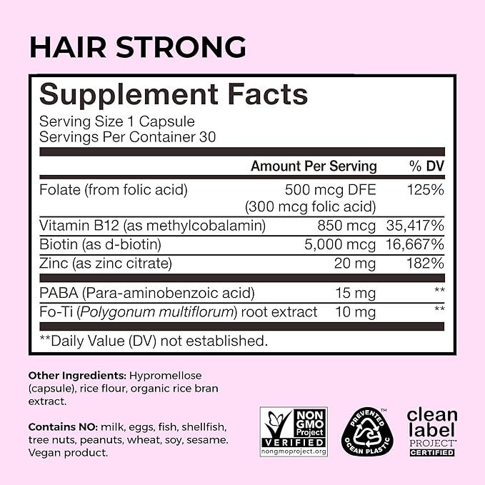 HUM Hair Strong - Hair Growth Vitamins with Biotin, Zinc, and Fo-Ti for Healthy Hair, Skin & Nails - Vegan Hair Supplement for Women | Biotin Supplement, (30 Capsules)