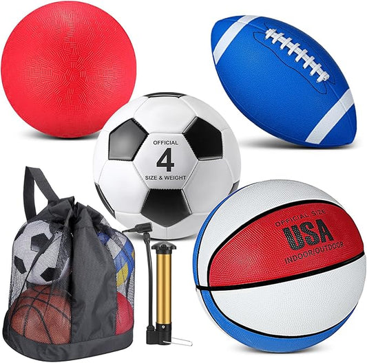 Deekin 4 Pcs Sport Balls Set for Kids Teens, Include Official Size 5 Basketball 4 Soccer 6 Football Playground Ball and Pump Sports Equipment Bag Recess Equipment Sport for Students(Bright Color)