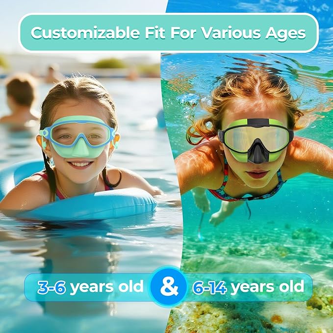 Swim Goggles for Kids 3-15 with Earplugs Large Frame Anti-Fog/UV Swimming Goggles for Boys Girls Toddler 2PCS