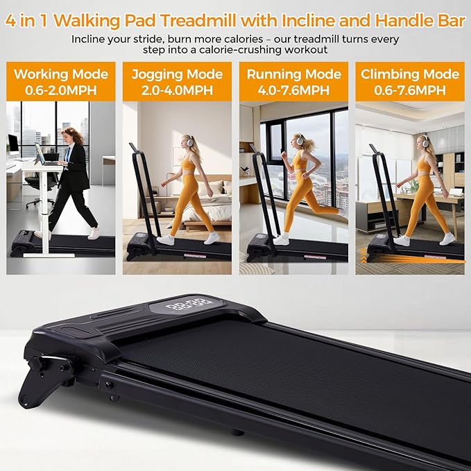 Folding Foldable Walking Pad Treadmill with Handle Bar and Adjustable Incline, 3.5HP Portable Electric Treadmills with Handles for Home Small, Home Treadmills with Incline, 0.6-7.6MPH, 350LBS