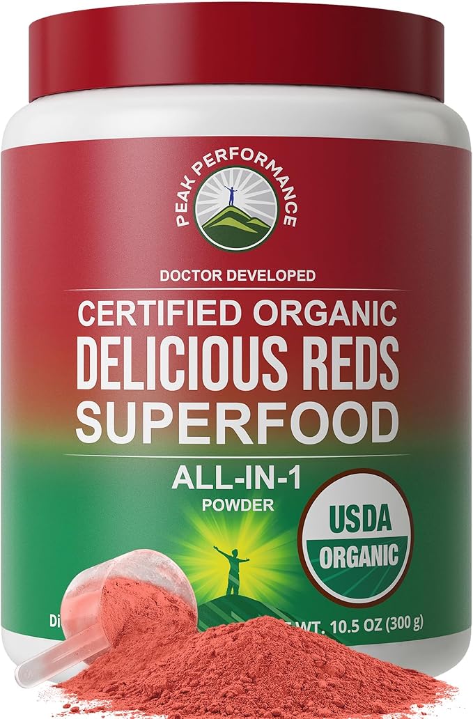 Peak Performance Organic Reds Superfood Powder, Best Tasting Organic Red Juice Super Food w/ 25+ All Natural Ingredients & Polyphenols, Vital for Max Energy and Detox. Raspberry, Elderberry, Beetroot