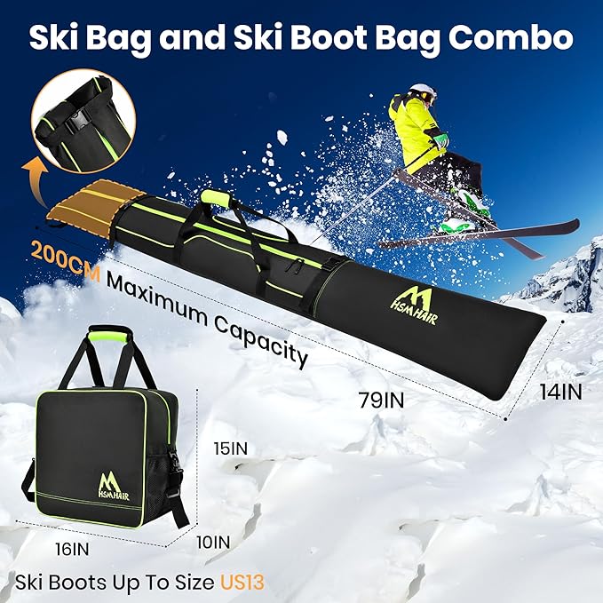 Ski Bag and Boot Bag Combo,Padded Ski Bag Set for Air Travel,Snow Ski Bags for Adults,Water- resistant Ski Boot Bag Fits for Skis Up to 200 CM and Boots Up To Size US13