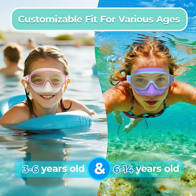 Swim Goggles for Kids 3-15 with Earplugs Large Frame Anti-Fog/UV Swimming Goggles for Boys Girls Toddler 2PCS