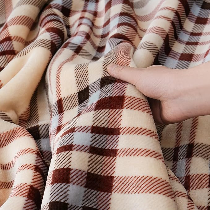 PU MEI Sherpa Fleece Throw Blanket 80" x 90" Reversible Plush Fluffy Large Big Blanket Lattice Flannel Blankets for All Season Use, Beige Stripe