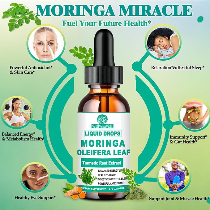 Organic Moringa Liquid Drops, Pure Moringa Oleifera Leaf Extract w. Turmeric, Black Pepper & Vitamin C E, Moringa Supplemens for Activates AMPK & GLP-1, Energy Antioxidant Skin Gut