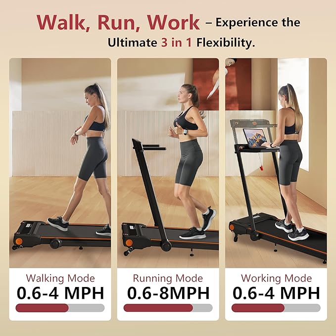Foldable Treadmill with Incline Treadmill with Home Removable Desk Workstation 3.0 HP 3 in 1 Folding Small Compact Walking Treadmills 300 Lbs Capacity for Home Office