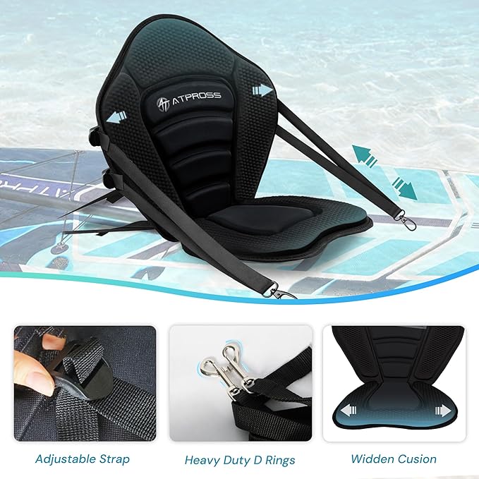 Standard Padded Kayak Canoe Seat Adjustable Backrest with 4 Straps Durable Sit-On-Top Cushion for Kayaking, Rafting & Fishing