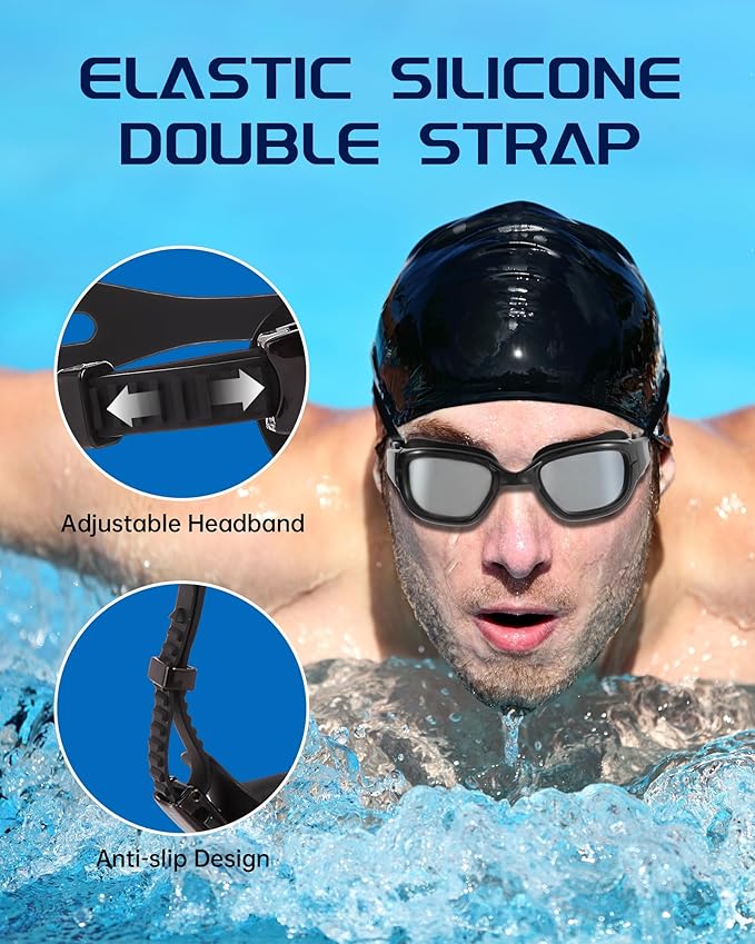 Swim Goggles, Goggles Adult with Swimming Cap, Nose Clip & Ear Plugs, UV Protection Anti-Fog Lens and Case for Adult