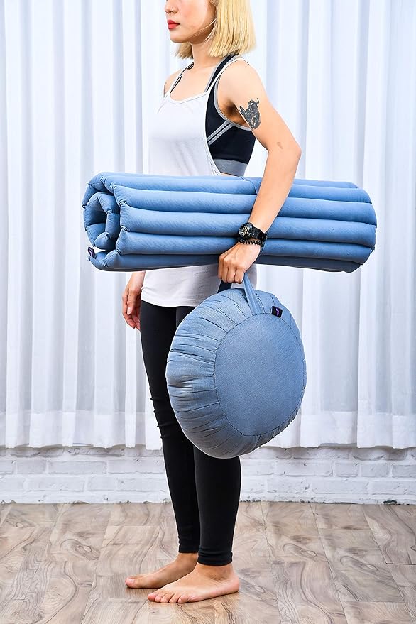 Leewadee Meditation Cushion Set – 1 Round Zafu Meditation Pillow and 1 Square Roll-Up Zabuton Meditation Mat, Pillows Bundle Filled with Kapok