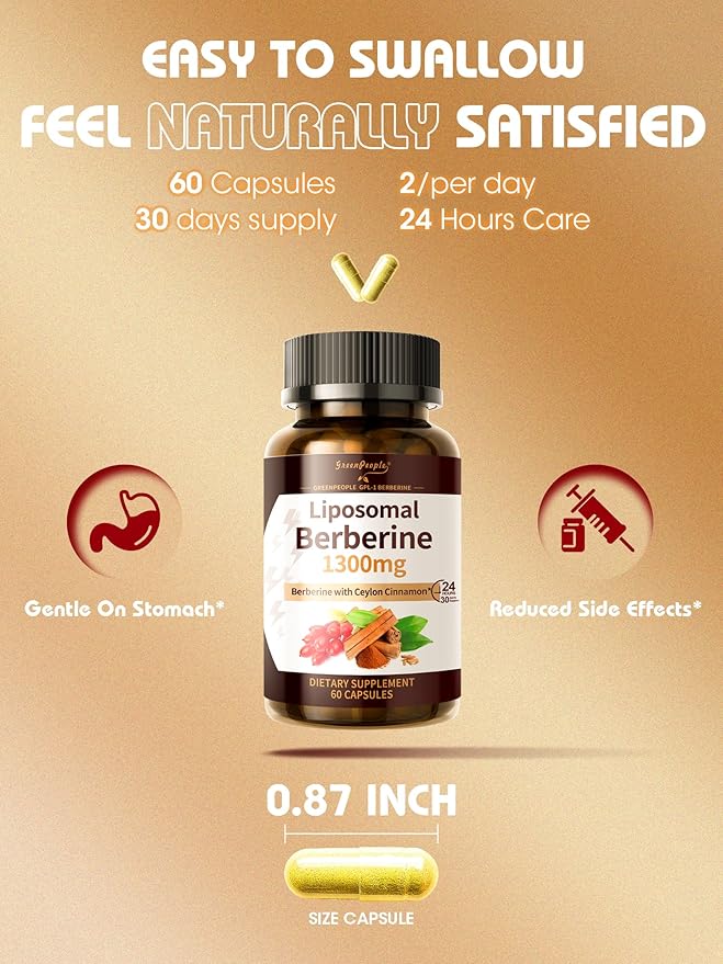 Liposomal Berberine HCL1300mg - Berberine Supplement with Ceylon Cinnamon Activates GLP-1 & AMPK - High Absorption Formula Healthy Weight Support – Non-GMO/Vegan – 30-Day