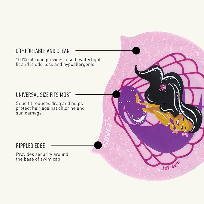 FINIS Mermaid Kids Swim Cap - 100% Silicone - Fun Prints - Universal Fit - Chlorine Protection
