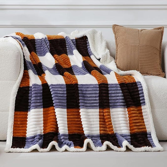 PU MEI Sherpa Blanket Twin Plaid Thick Bed Blanket, 60”*80” Super Soft Flannel Fuzzy Fleece Reversible Velvet Plush Warm Blanket for Couch (Brown Orange Check)